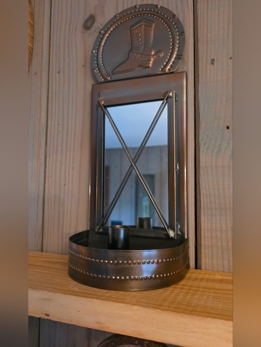 Rustic Metal Wall Mirror Candle Sconce - Bronze
